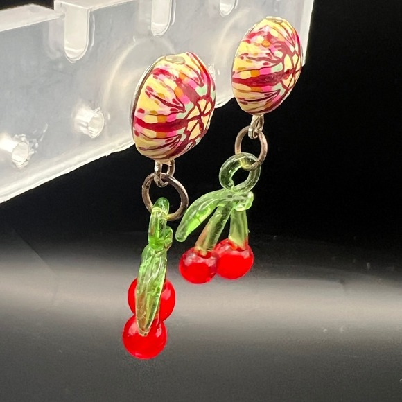Cherry Dangle Earrings Colorful Round Post Earrings Fun Quirky Jewelry - Picture 2 of 5